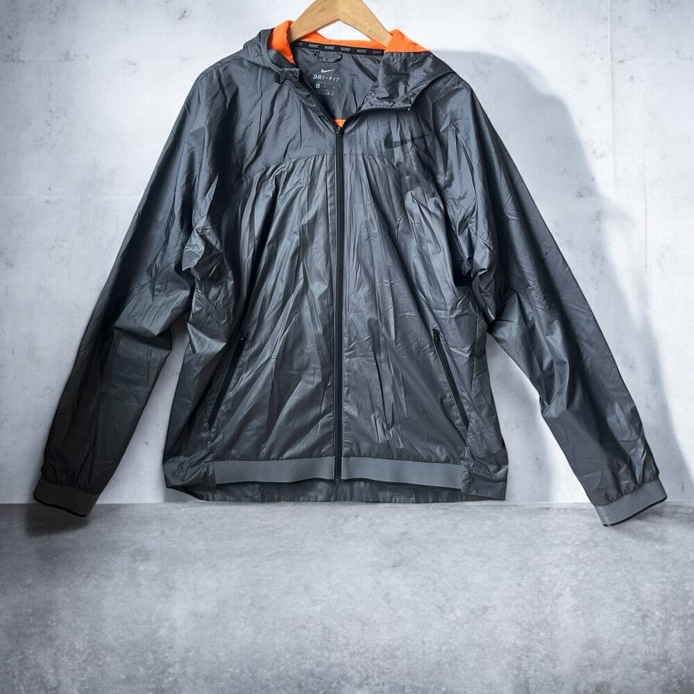Nike Dri-Fit Hooded Jacket Men Large Gray Full‎ Zip Athletic Wind Breaker